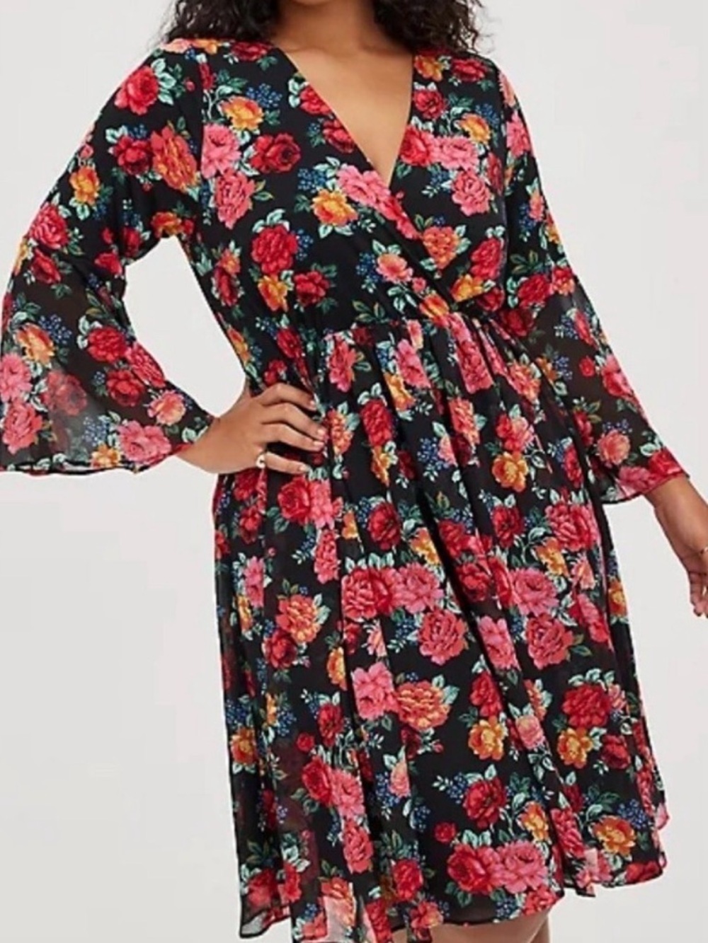 Torrid  MINI CHIFFON AND STUDIO
KNIT SURPLICE
DRESS Black Floral  Dress